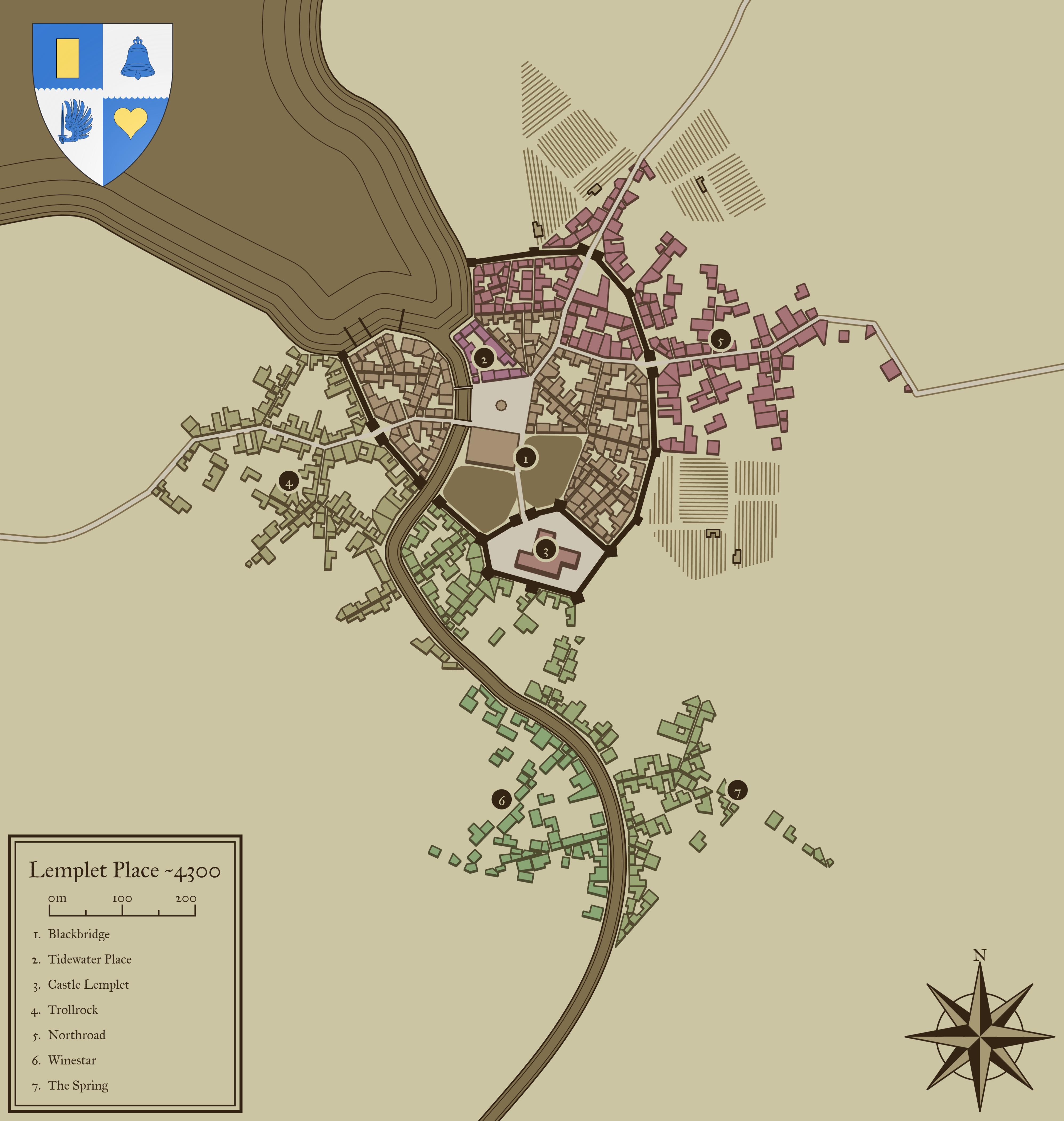 A map of Lemplet Place, a fictitious town. The river runs from south to north into a bay. There are seven neighborhoods with three being inside or somewhat inside the walls. Main roads leave to the east, the west, and the northwest. There is a castle, a green, and a large temple.