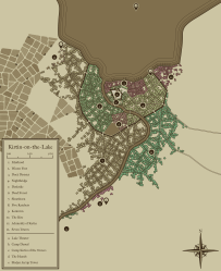 A neighborhood map of a lakeside medieval fantasy city in dull tone