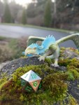 A blue-green dragon atop a mossy rock leers over a large d20. Behind it is a river 