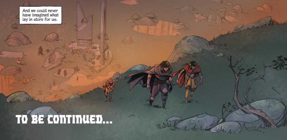 The final frame of issue one, this frame shows the main characters walking away from the destruction behind them. They enter a green land, still dark. Tara and Callum are out front, a third character is chasing them.