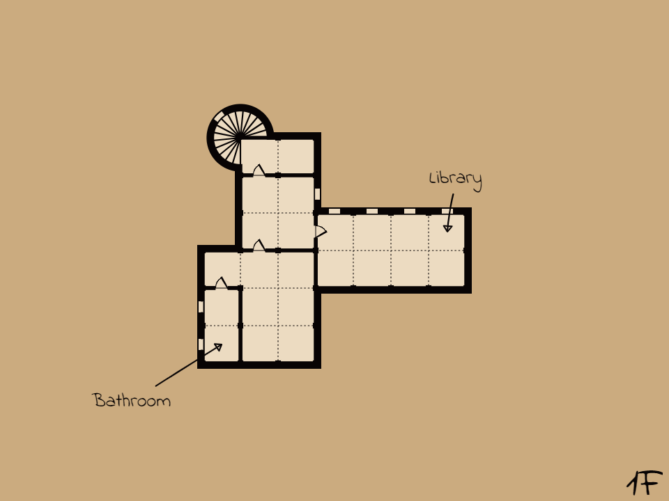 Second floor of the small house. There is an entry loft that connects to a library and a bedroom.