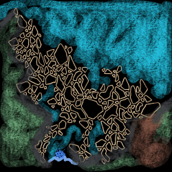 Simple map of 100s of islands in a sea with a large waterfall in the south and mountains to the south and south east.