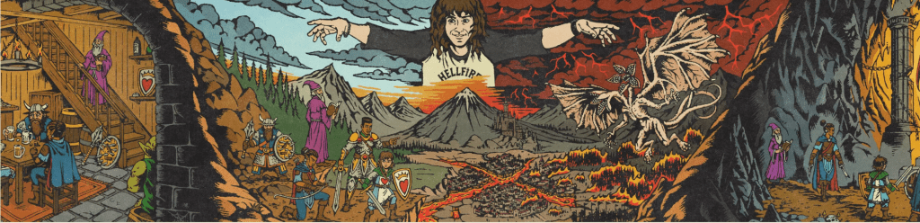 A cartoon drawing from DnDBeyond that shows Eddie Munson looking over a medieval fantasy world of action and adventure, including a demagorgan.