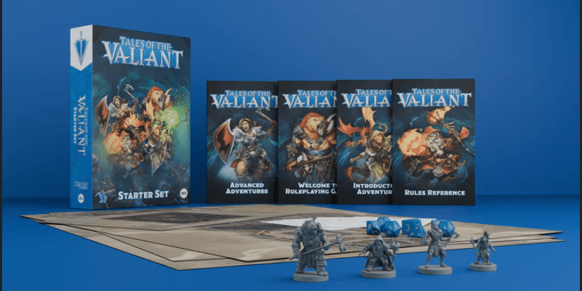 Merchandising photo of Kobold Press Tales of the Valiant showing four minis, a set of dice, several maps, three adventures and a set of rules.