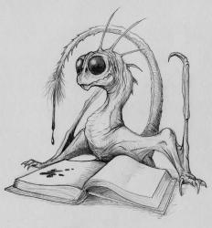 Pencil sketch of a tiny dragon resting on a book. The pointy tail arches over the back with drips of ichor coming out of a feathered tip. The arms seem to be vestigial wings with opposing fingers capable of handling obects