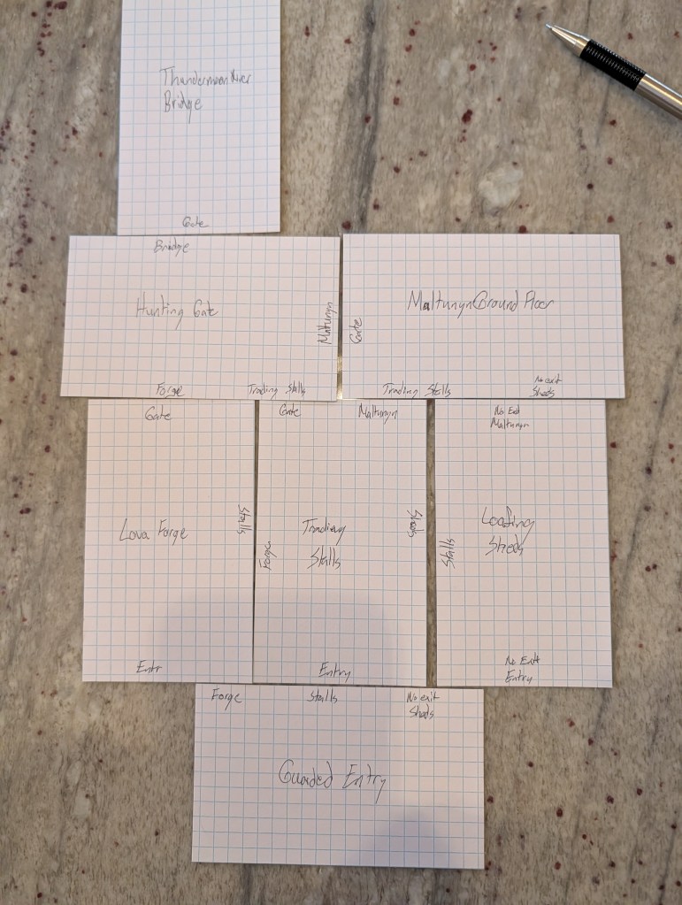 The image displays a set of seven rectangular index cards arranged on a speckled stone surface. The cards have a grid pattern and are covered with handwritten notes. The cards are arranged in a T-shape with four cards on top and three below. Each card contains various textual labels such as locations and descriptive phrases. In the top row, the central card is labeled "Maltunyn Ground Floor," flanked by cards labeled "Bridge" and "Trading Stalls." The topmost central card features "Thundermoon River Bridge." Other notable labels on the cards include "Hunting Gate," "Lava Forge," "Guarded Entry," and areas denoted as "Stalls" and "Sheds." A pen is positioned at the upper right corner of the image.