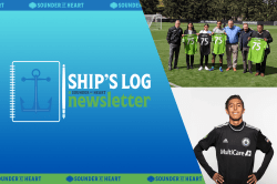 A composite image that includes the Ship's Log branding with a notepad and a quill. There is also a photo of Sounders leadership with the Leyva family holding up a Sounders jersey numbered 75. Below that is a photo of Danny Leyva in a black Defiance top.