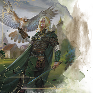 The image depicts a fantasy scene featuring an elf with long, blond hair standing in profile in a lush, outdoor setting. The elf is dressed in intricate green and brown armor with a flowing green cape. Their right arm is extended outward, and a large hawk is perched on it, wings outstretched as if taking off or landing. In the background, there are quaint cottages with red roofs on the left and a stone tower to the right, surrounded by greenery. The image has a faded and ethereal quality, with a watercolor-like texture along the edges, blending into a hazy, abstract backdrop.