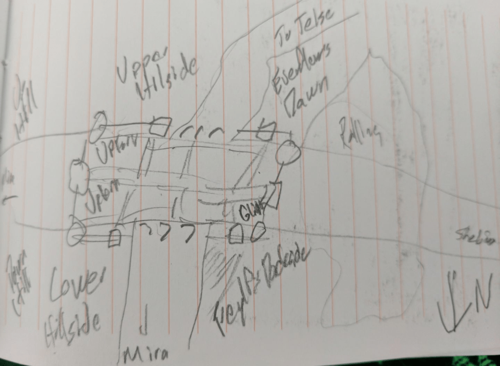 The image is a hand-drawn sketch on lined notebook paper, depicting a rough map layout with various labeled areas and arrows indicating movement or direction. The map is oriented with "Up Hill" on the left and features several labeled sections, including "Upper Hillside," "Lower Hillside," and "Rolling." There are geometric shapes, such as squares and circles, possibly indicating buildings or points of interest, with some labeled "Upper," "GLAV," and "Verde Breezde." Lines and arrows point toward different labeled areas like "To Telee" and "Esedelens Tavern."