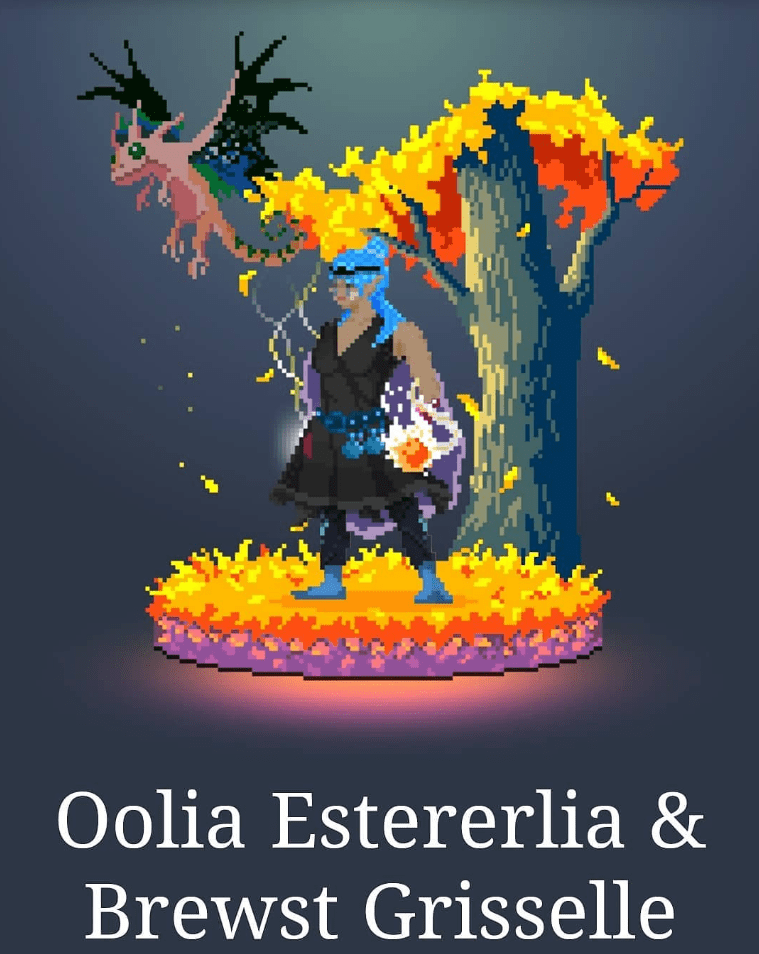 An 8-bit style image of a small dragon about the size of a large cat that is the color of bronze-ish ale with blue buggy eyes. They are flying over a small person, likely a gnome, with a blue head covering and dark nearly black robes. There is a magic spell coming out of one hand. They are on an stage that looks like autumn ground cover with a small golden leaved tree behind them. The names below or Oolia Estererlia and Brewst Grisselle